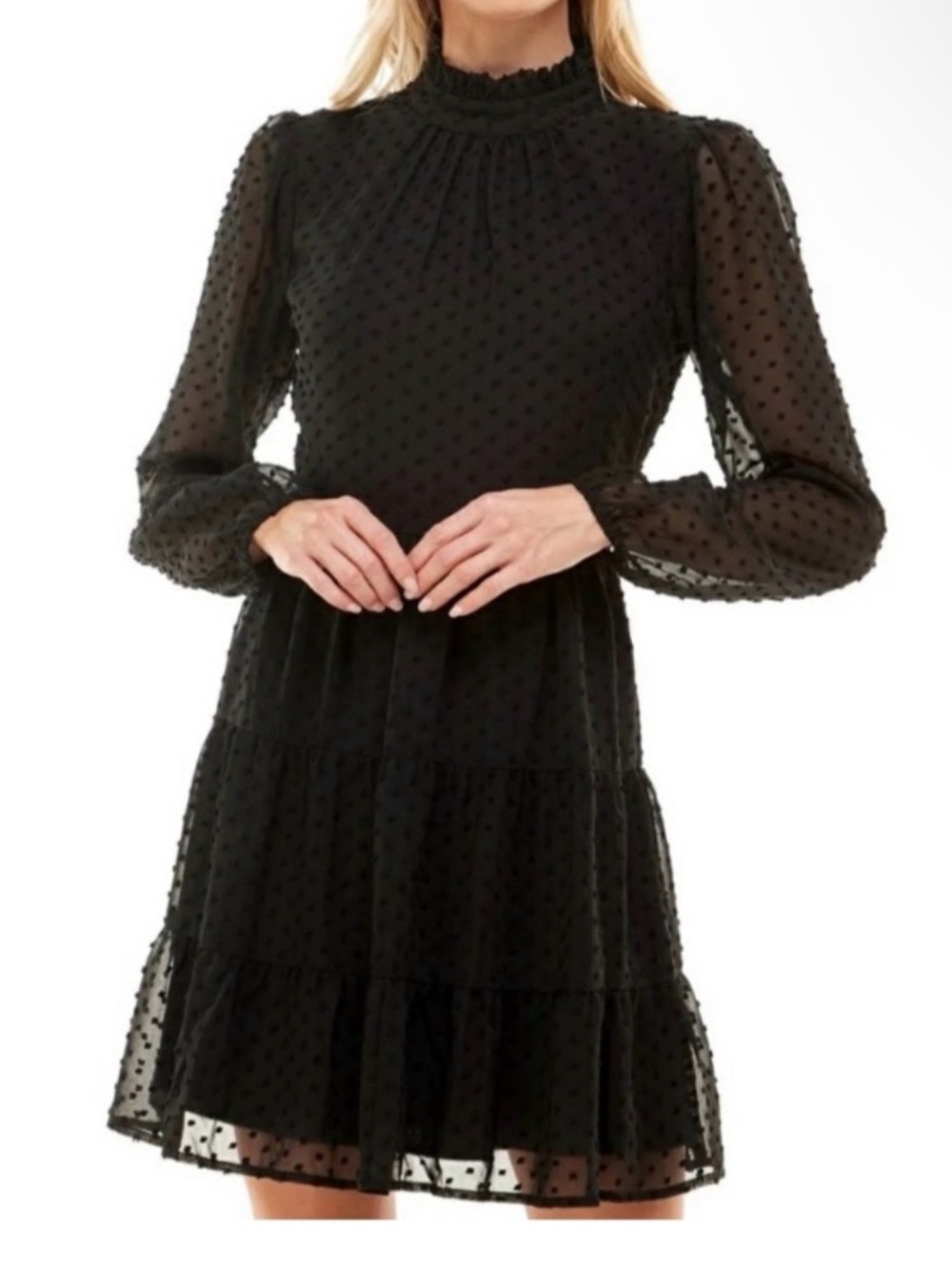 Black Swiss Dot Long Sleeve Tiered Mini Dress